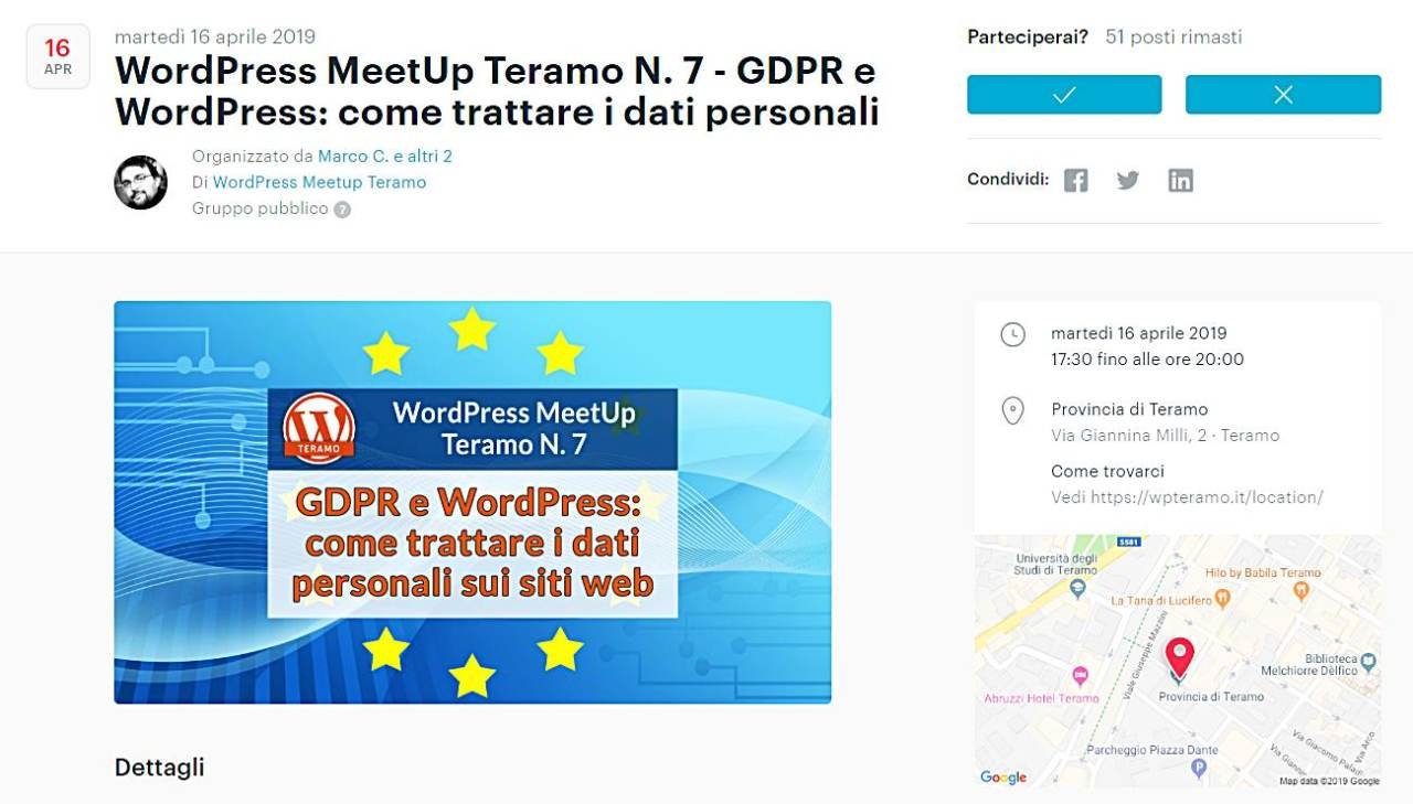 GDPR e WordPress: come trattare i dati personali sui siti web, screenshot pagina evento su MeetUp . com