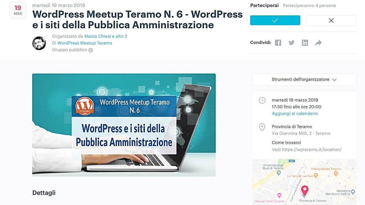 WordPress e i siti della Pubblica Amministrazione pagina evento su MeetUp_com