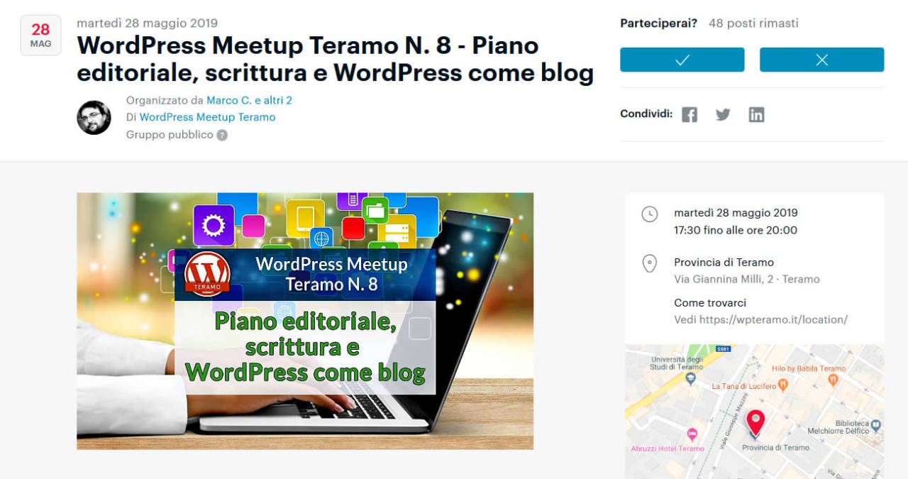 Piano editoriale, scrittura e WordPress come Blog - schermata dell’articolo per iscriversi e partecipare gratuitamente all’evento